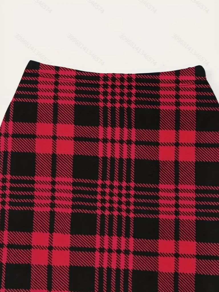 Sweet Cool Girl Red & Black Plaid High-Waist Bodycon Midi Skirt, Elastic Slim-Fit Pencil Skirt