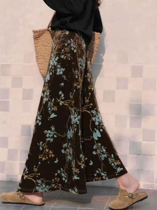Floral Print Velvet Skirt Women's Clothing Vintage Saia 2026 Faldas Mujer De Moda Korean Chic Jupe High Waist A-line Long Skirts