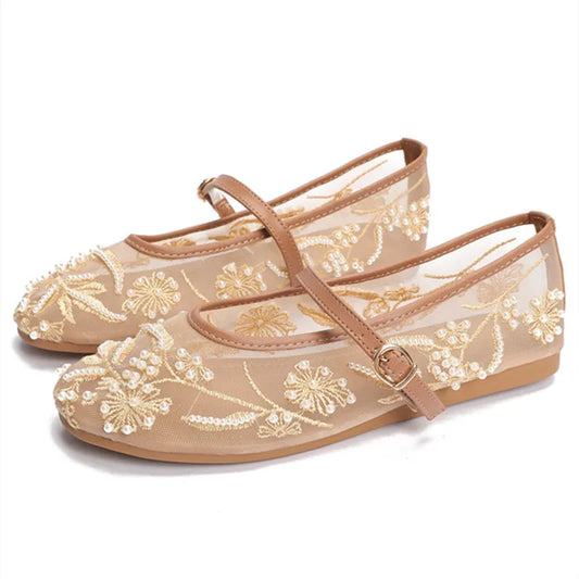 Embroidery String Bead Mesh Ballet Flats Women Fashion White Pearl Mary Jane Shoes Light Summer Flats Elegant Cozy Flat Sandals