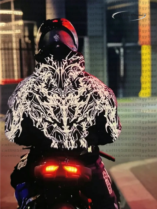 Men Street Reflective Hoodie Y2k Style Gothic Long‑sleeve Pullover Hooded Sweatshirt Loose‑fit Motorcycle Rider Night Outing New