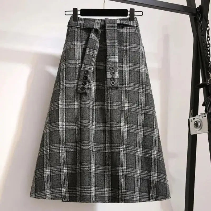 Plaid Striped Vintage A-line High Waist Buttons Lace Up Loose Women's Skirt Mid-Calf Long Skirts For Women Clothing Fashion 2024