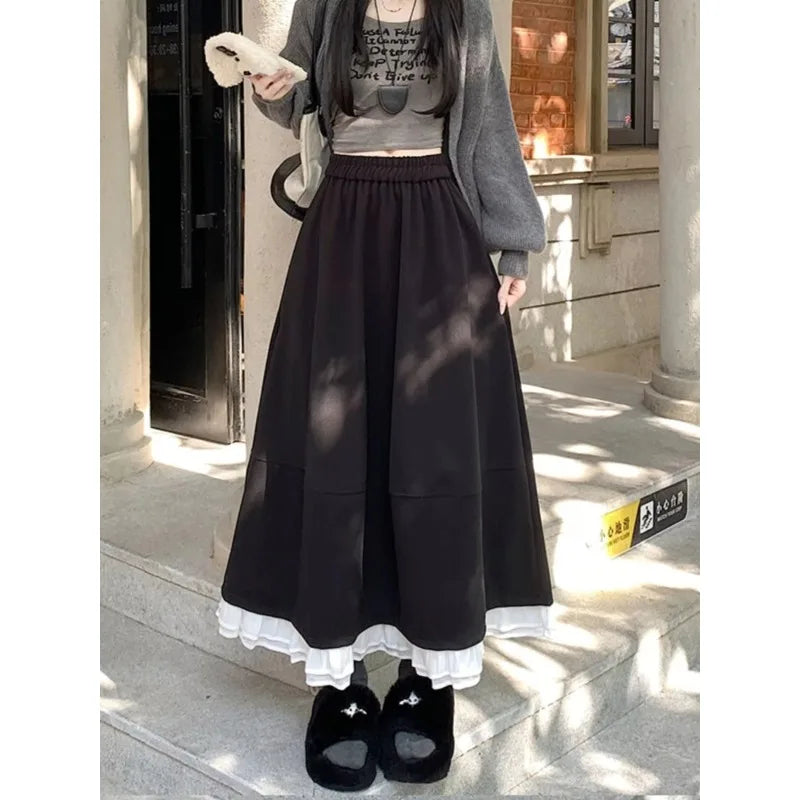 FOTVOTEE Japanese Autumn Woolen Midi Skirt for Women Elastic High Waist Ruffle Hem A Line Skirts Women Loose Draped Casual Skirt
