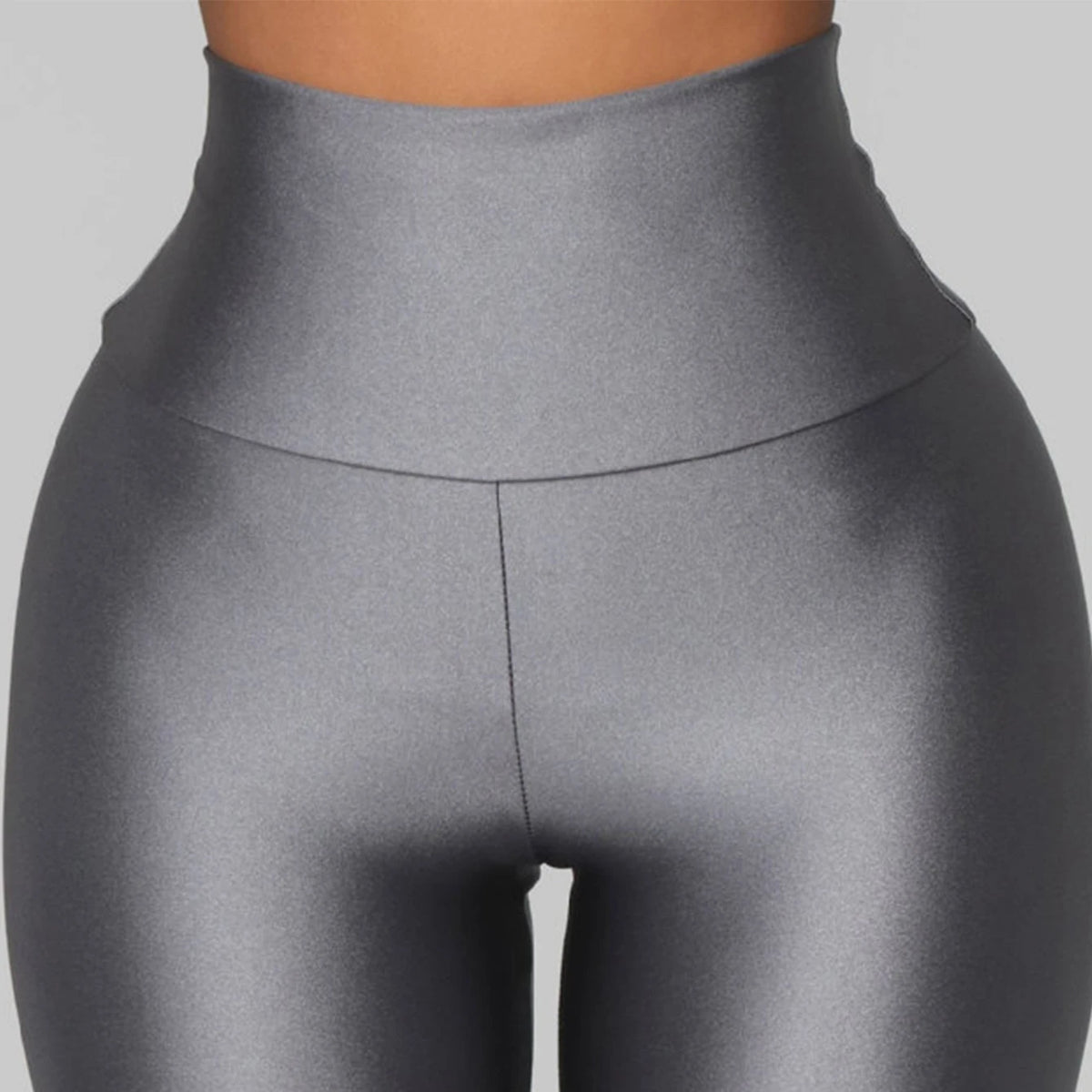 Euro-american Style Gray Gloss Leggings High-waisted Solid Color Leggings High-stretch Waist Tight Nine-point Pants For Women