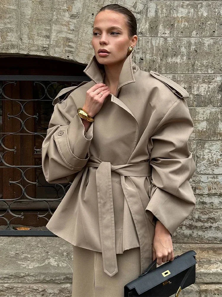 Khaki Lace Up Cape Trench Coat Loose Solid Full Sleeve Lapel Windbreaker 2026 Autumn New Fashion Commute Casual Daily Coats