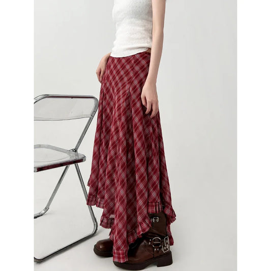 Spring Summer Vintage Two-Tone Plaid Midi Asymmetrical Hem A- Line Skirt Large Flounce Midi Length Silk Half Body Skirt