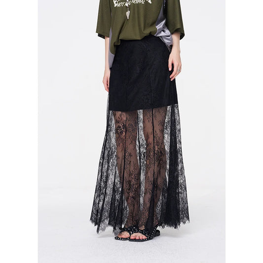 ELFSACK Romantic Lace Midi Skirt, Sheer See-Through A-Line Skirt, Elegant Slimming Long Skirt for Women