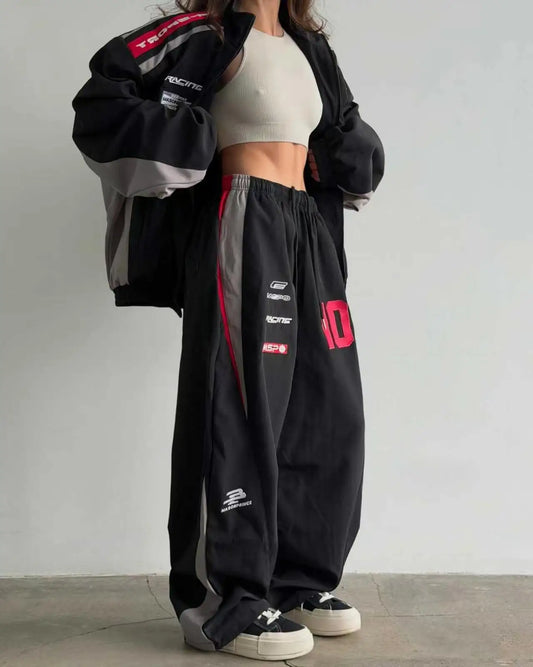 American White Racing Suit Set Women Red White Navy Blue Contrasting Embroidery Loose Jacket Wide Leg Sports Pants Two-piece Set