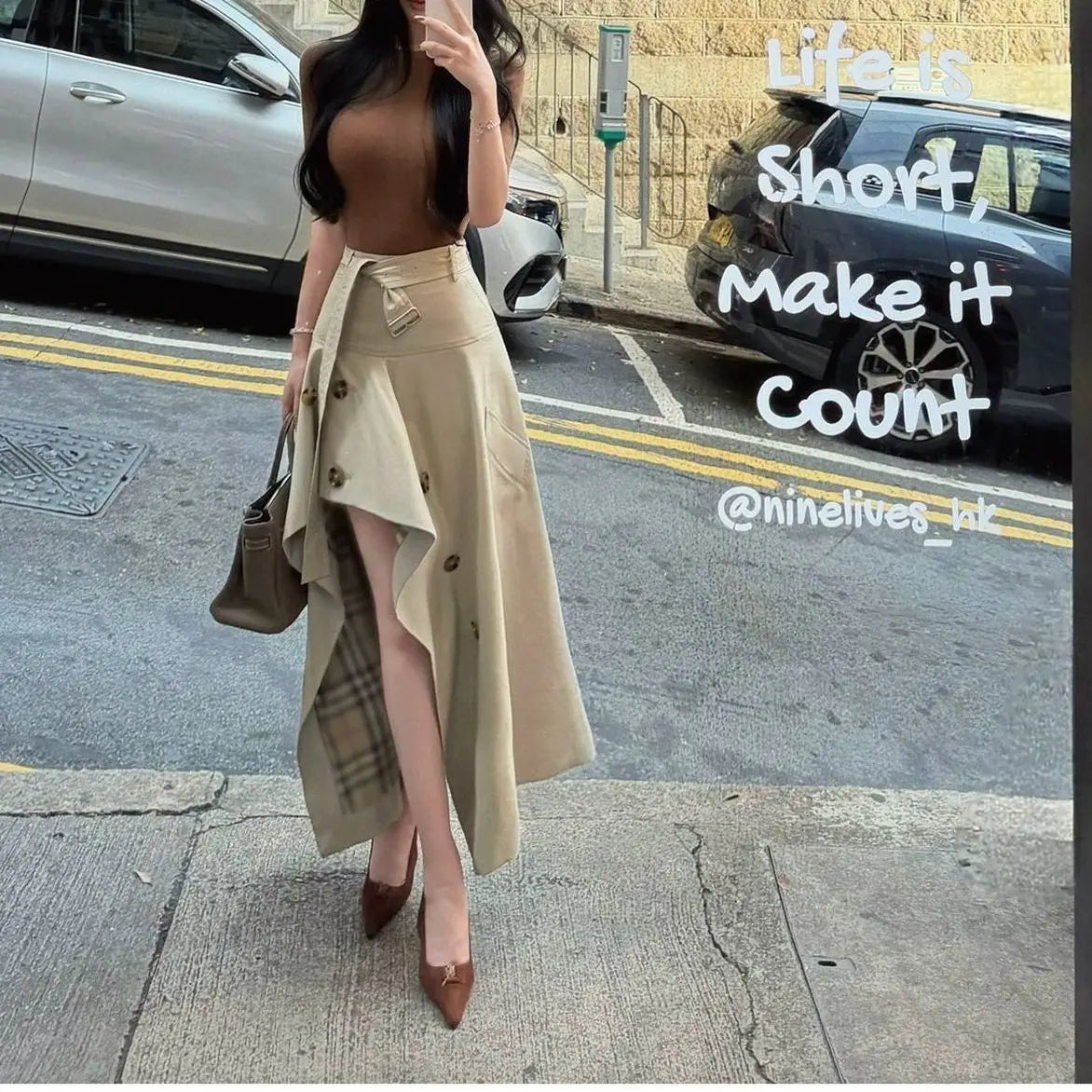 High-end British-style Design High-waisted Asymmetrical Large Size Skirt Plaid A-line Umbrella Skirt