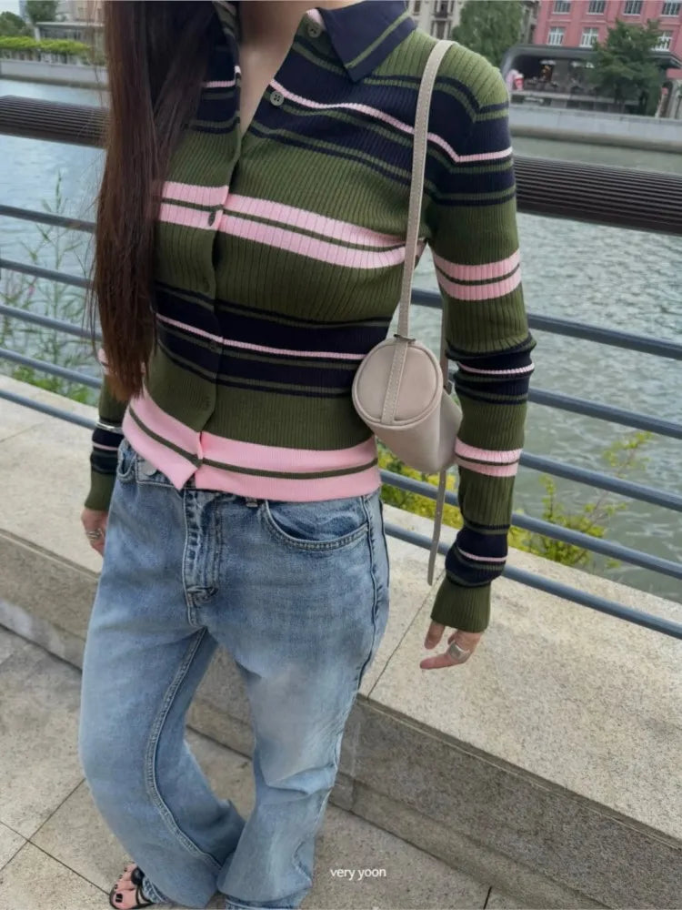 Knitted Autumn Striped Cardigan Pullover Sweater Women Long SLeeve Fashion Casual Ladies Sweaters Korean Style Woman Cardigans