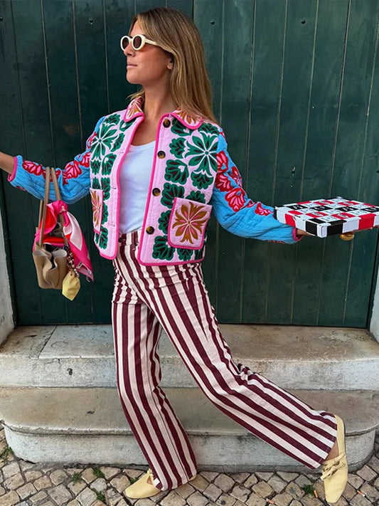 Fashion Print Panelled Quilted Cotton Jacket Women's Long Sleeve Single Breasted Pocket Coat 2025 Autumn Winter Warm Outerwear