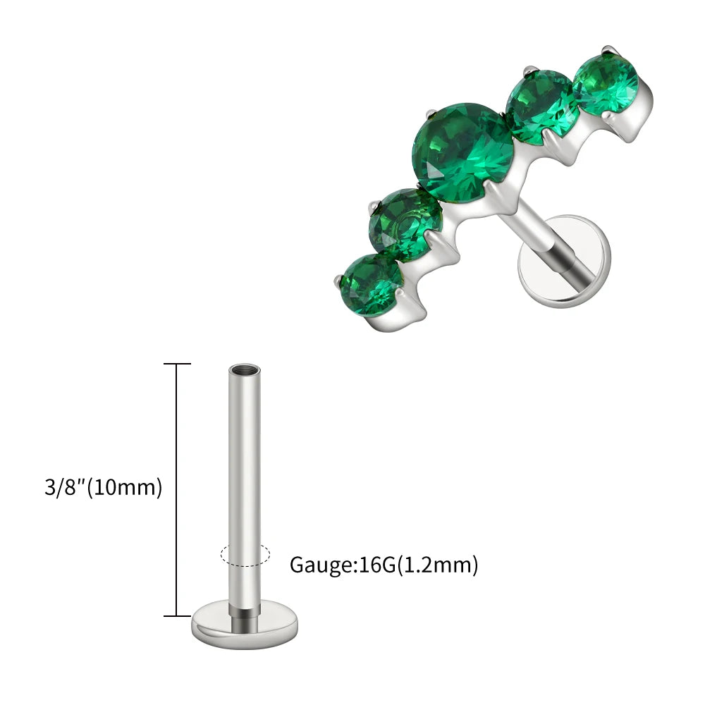 Right Grand ASTM F136 Titanium 16G CZ Cluster Flat Back Labret Stud Curved CZ Bar Climber Earring Helix Cartilage Stud Piercing