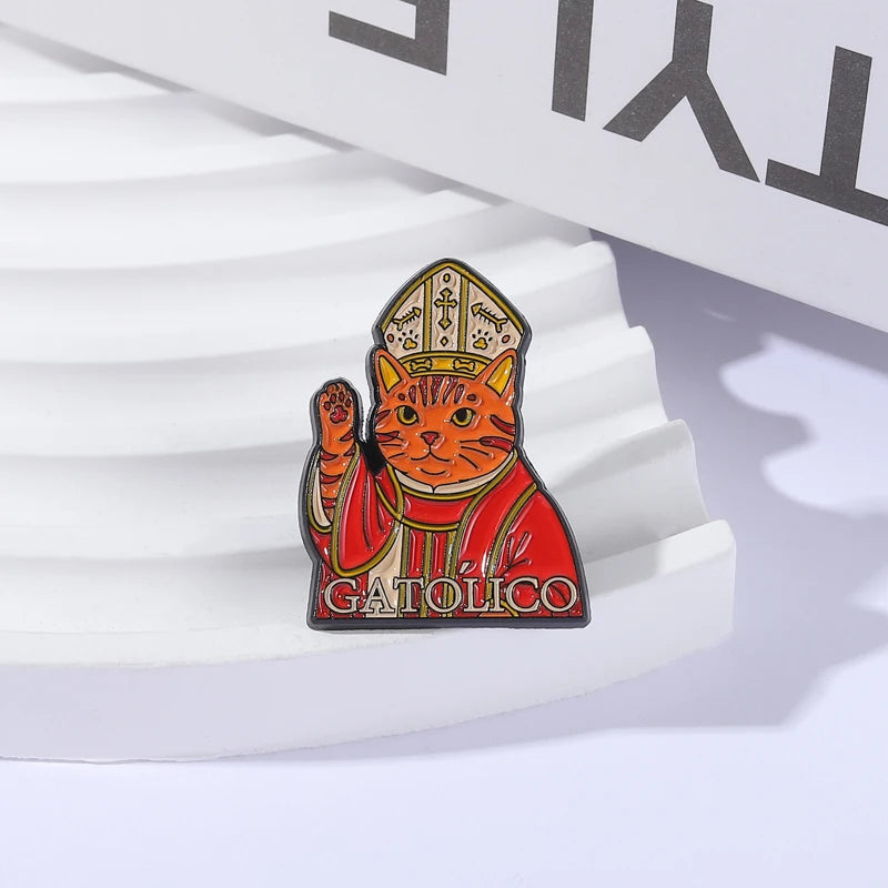 Sacred & Solemn Catholic Cat Brooch Enamel Pins Religious Belief GATOLICO Cat Brooches Lapel Badge Fun Jewelry Gift for Friends