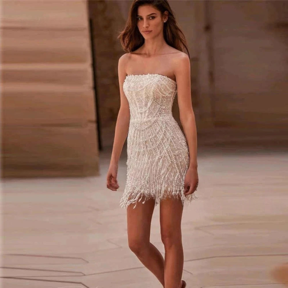 Exquisite Short Celebrity Dresses For Women Strapless Beads Pearls Mini Dresses Prom Cocktail Dresses Customized Bridal Gown