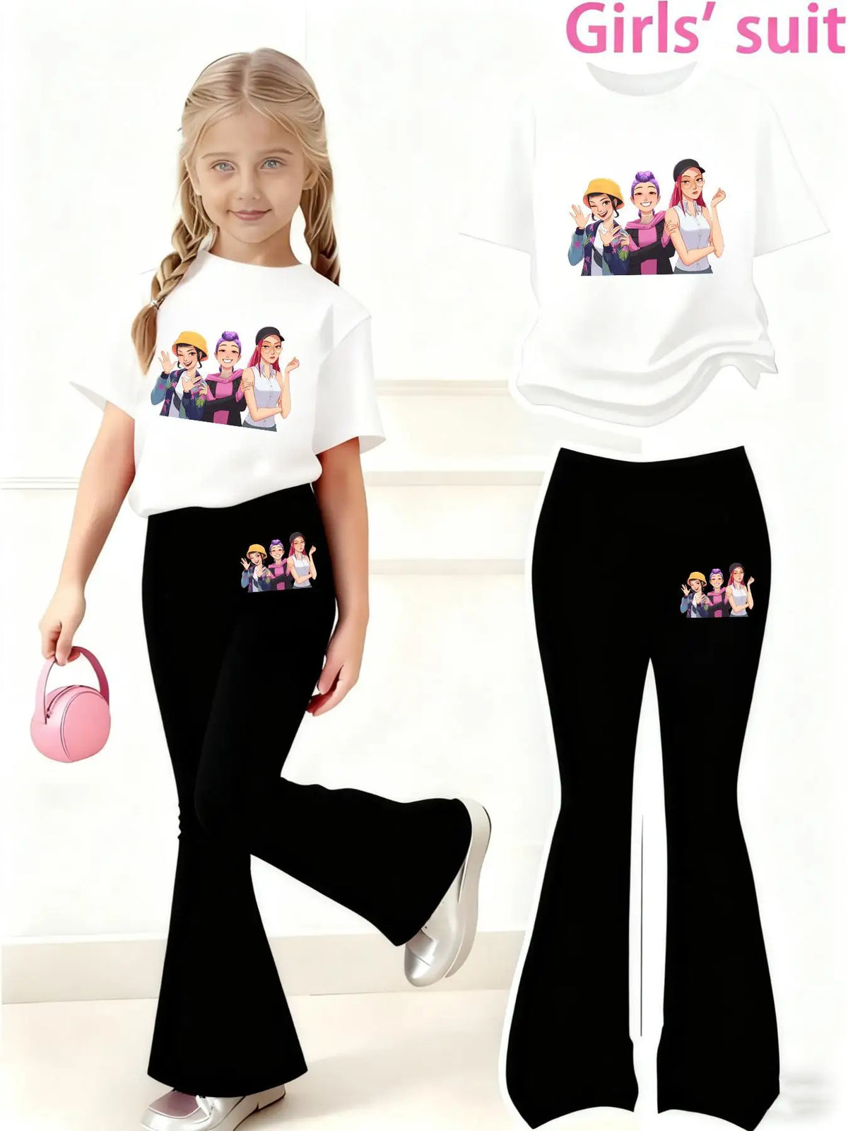 Girls' Summer Short-Sleeved Casual Outfit with Anime Character Print, Regular Short-Sleeved Top and Flared Pants Two-Piece Set, Suitable for Girls Aged 4-12, Versatile Clothing for Home and Outings