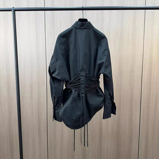 DEAT Fashion Trendy Bandage Design Shirt For Women Niche Design Black Long Sleeve Shirt Top Female 2026 Autumn New 11A01701