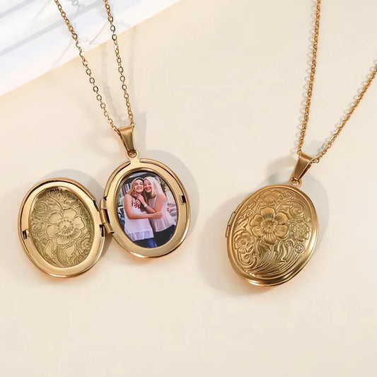 Custom 1/2 Photo Necklace Delicate Floral Oval Locket Pendant for Women Personalized Picture Gold Plated Stainless Steel Pendant