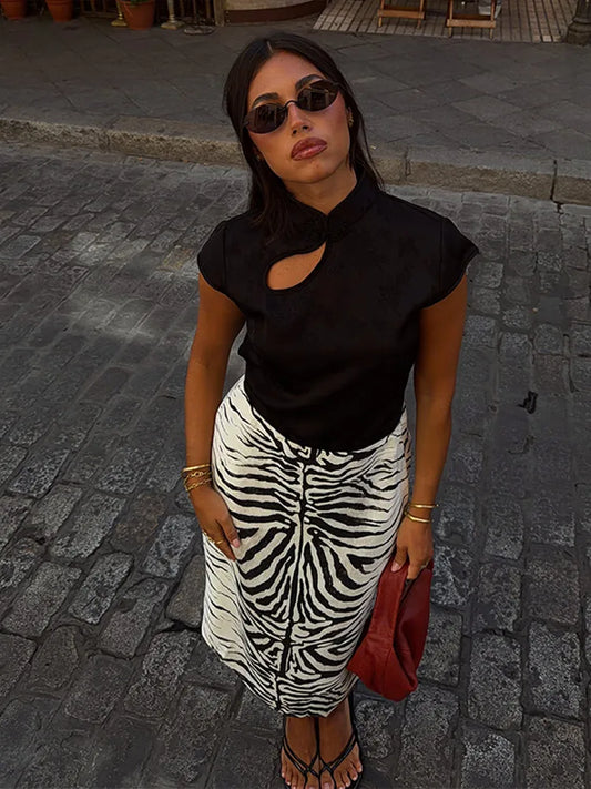 Women Zebra Print Midi Skirt High Waist Straight Pencil Skirt Vintage Animal Pattern Bottom Elegant Casual Street Autumn Outfit