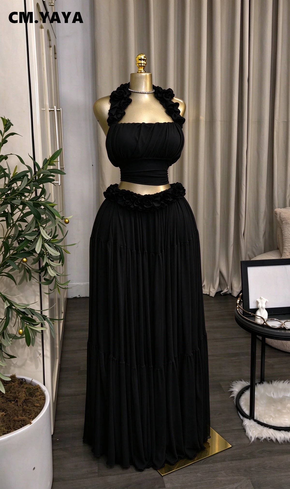 CM.YAYA Women sets Halter Ruffle 2 Piece Outfit Ruched Crop Top + Tiered Maxi Skirt Set evening vacation Formal Party Dress