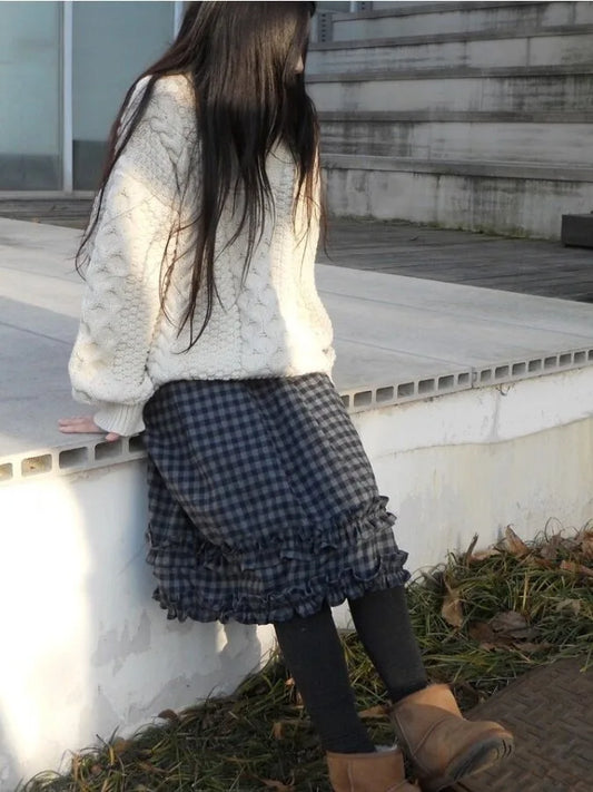 Retro Plaid Flocking Midi Skirt Women's Fashion Splicing Wood Grain Elastic Waist Half Body Skirt School Street Style
