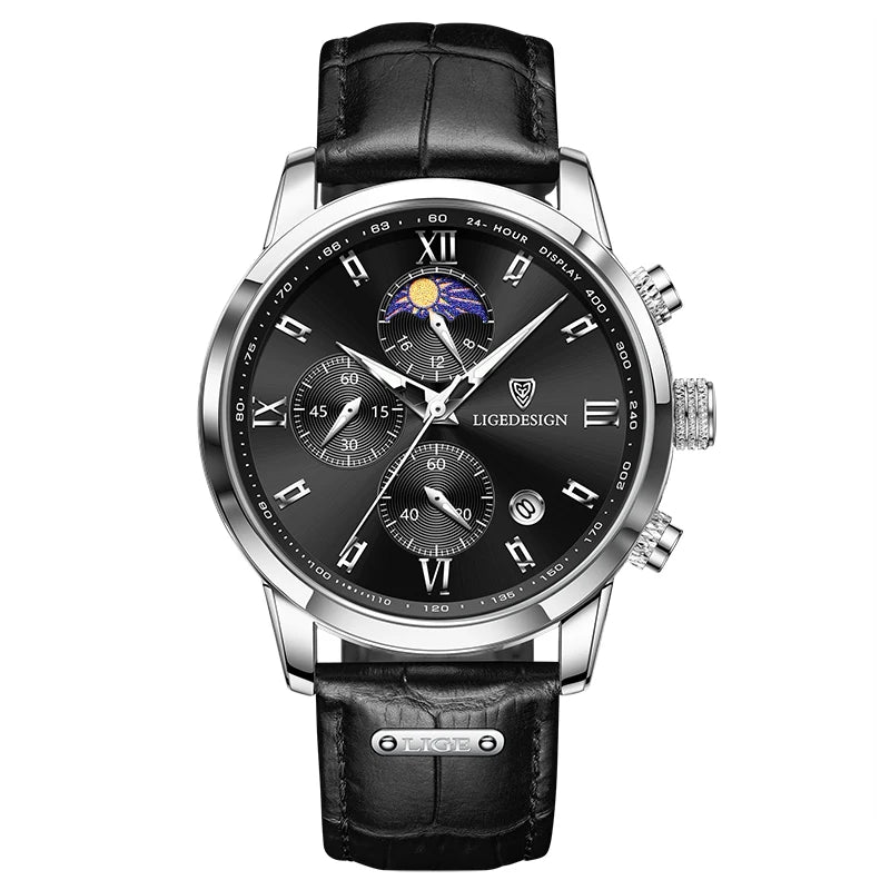 LIGE Luxury Fashion Women Watch Leather Strap Waterproof Casual Sport Quartz Wristwatch 24 Hour Moon Phase Clock Watch for Women