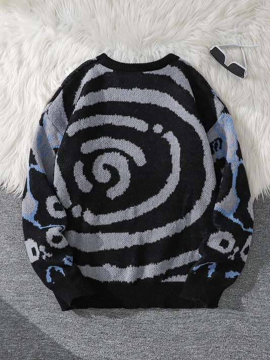 Autumn and Winter Abstract Cat Jacquard Double-Sided Pattern Pullover Sweater Casual Round-Neck Knit Men's Pullover Sweater Suitable for Daily Wear Unisex Outerwear