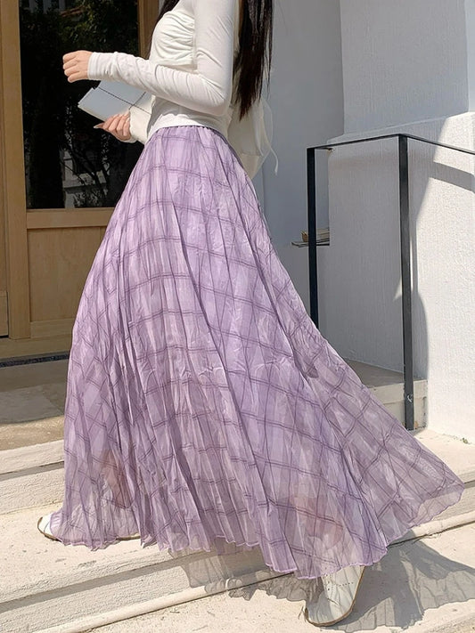 Women's Plaid Pleated Mesh Long Skirt