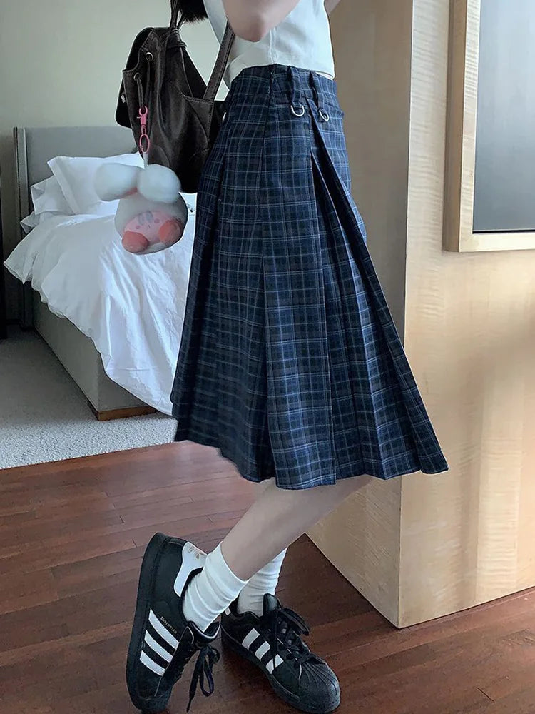Spring Vintage Plaid Midi Skirt Women High Waist Preppy Style Slim Sweet Pleated Skirts Casual Retro Korean Ins A Line Skirt New