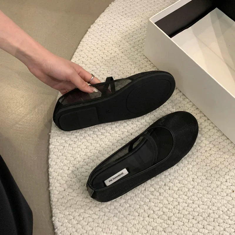 Designer Autumn Women Mesh Fabric Ballet Flat Shoes Fashion Shallow Elastic Band Ladies Comfort Soft Sole Mary Jane Shoes