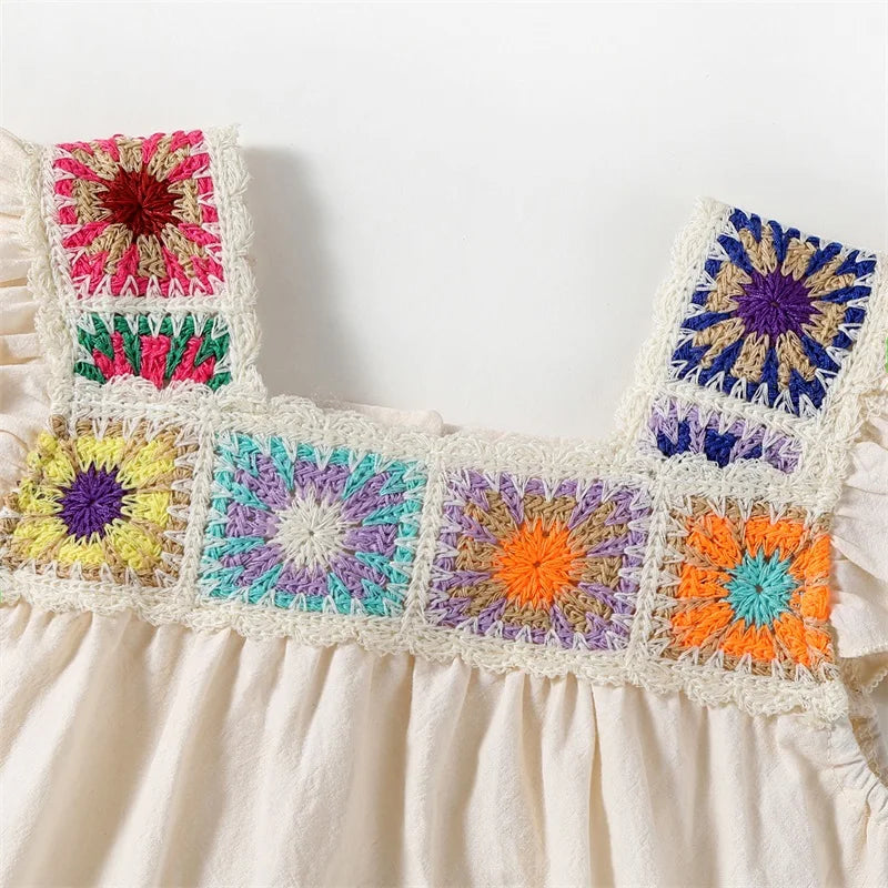 Baby Girl Summer Romper Fly Sleeve Square Neck Crochet Flower Bodysuit Newborn Playsuit