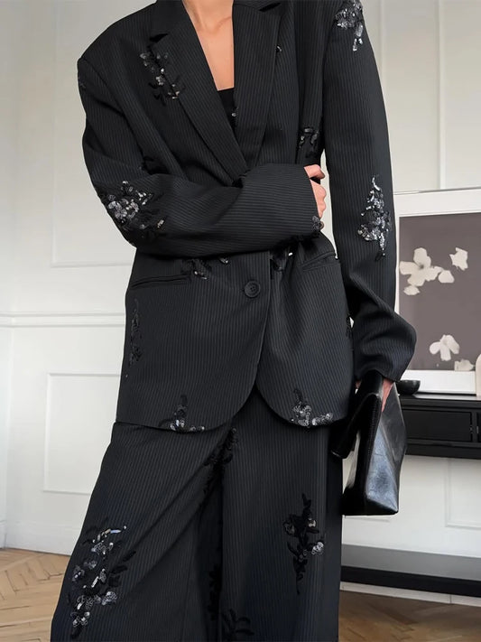 Black Sequin Embroidery Blazer 2 Piece Set Women Full Sleeve Lapel V-neck Loose Wide Leg Pants Suit 2026 Lady Spring Autumn Wear