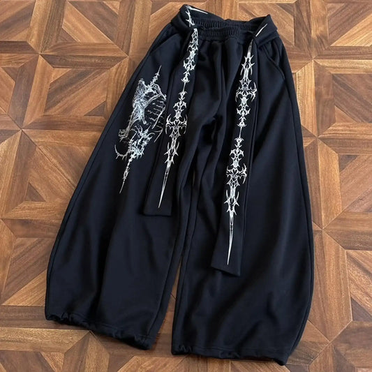 Retro American Black Loose Sweatpants Y2k Men Women Streetwear Dark Gothic Wide Leg Pants Fashion Embroidered Belt Jogging Pants