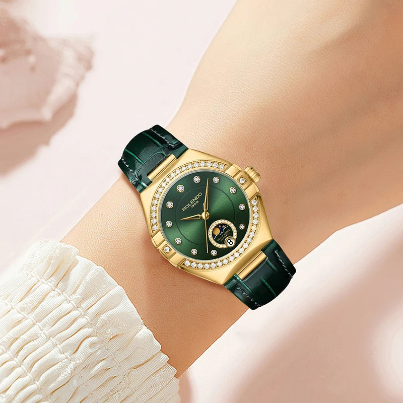 ROLENDO Women's Automatic Mechanical Watches Moon Phase Display Diamond Bezel Green Dial Leather Strap Watch Gift For Women