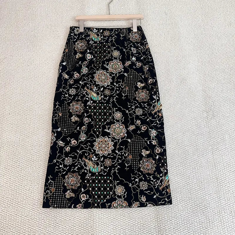Designer Fashion Winter Women Casual Long Beading Embroidery Sequined Skirt High Waist Vintage Elegant Lady Floor Length Skirts
