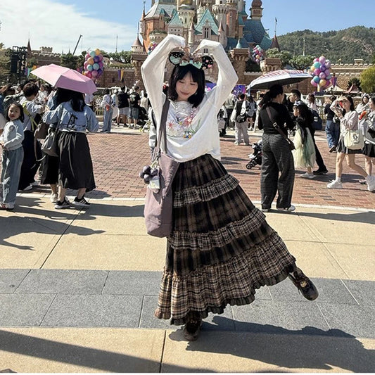 Women's Patchwork Plaid Ruffle-Tier Long Skirt