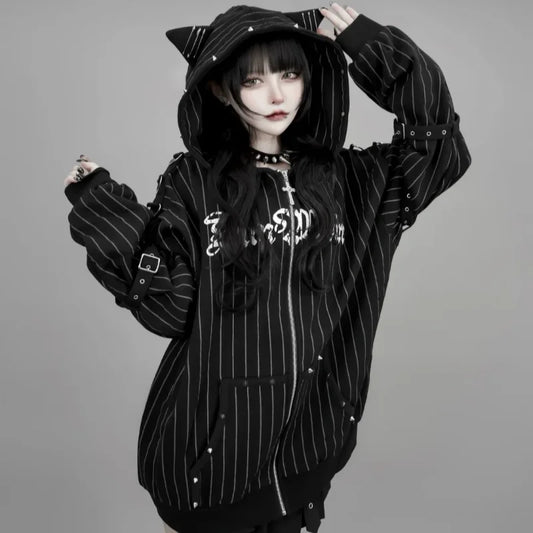 Black Cat Ear Zip Up Hoodie Japanese Subculture Women Devil Pinstripe Heart Print Oversized Metal Buckle Punk Streetwear Outfit