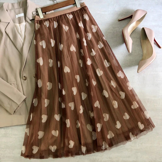 Tulle Maxi Skirt Women Fashion 2022 Spring Summer Heart Print High Waist Pleated Mesh Long Skirt Female Aesthetic Skirt