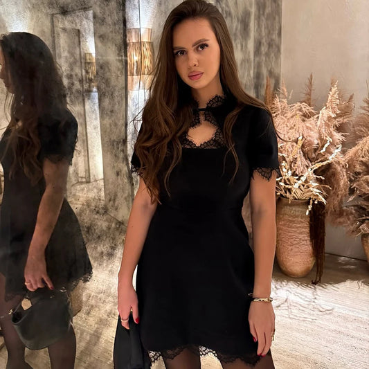 Talenza Luxury Black Evening Dress Fashion Lace Patchwork Slim High-Waisted Hollow Out Dress Elegant Summer Women's Party Dress