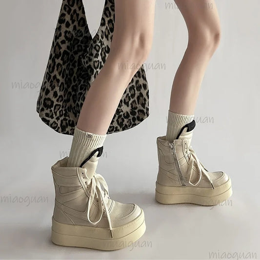 Women's High Top Boots Lace Up Round Toe Heighten Thick Sole Sneakers Trendy Street Fashion Casual Ankle Shoes Zapatos De Mujer