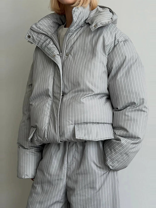 Street Striped Women's Cotton Coat Trouser Suits Hooded Zippers Autumn Winter Thicken Lady Set 2026 Chic Female Outfits