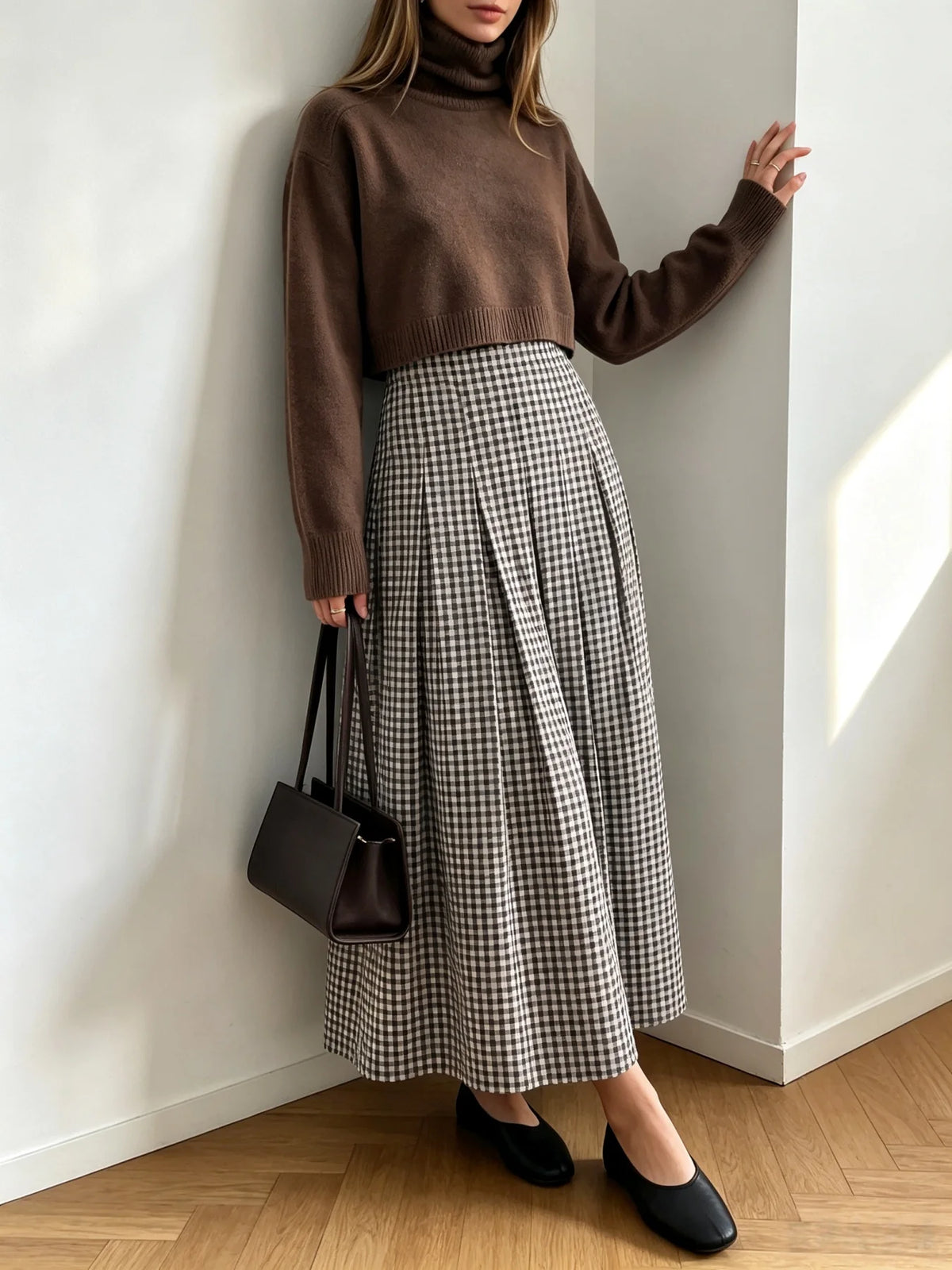 Women Spring Autumn Plaid Midi Skirt,High Waist Pleated A‑Line Long Skirt,Vintage Checkered Flowy Swing Skirts