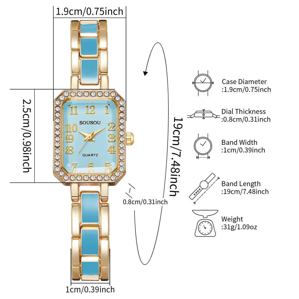 Luxury Rhinestone Women Watch Light Blue Square Dial Bracelet Quartz Wristwatch Fashion Clock Relogio Feminino(Without Box)