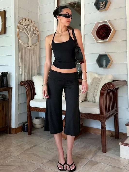 Dulzura Women'S Solid High Waist Slim Fit Calf-Length Pants Casual Versatile Flare Long Pants Party Club Street Summer Clothes