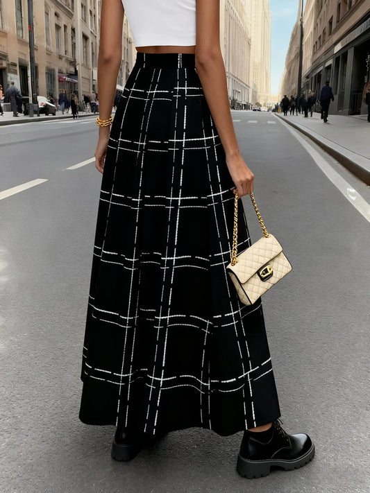 Women's High Waist A Line Pleated Skirt with Black and White Plaid Print Casual Office Midi Skirt for Summer Spring