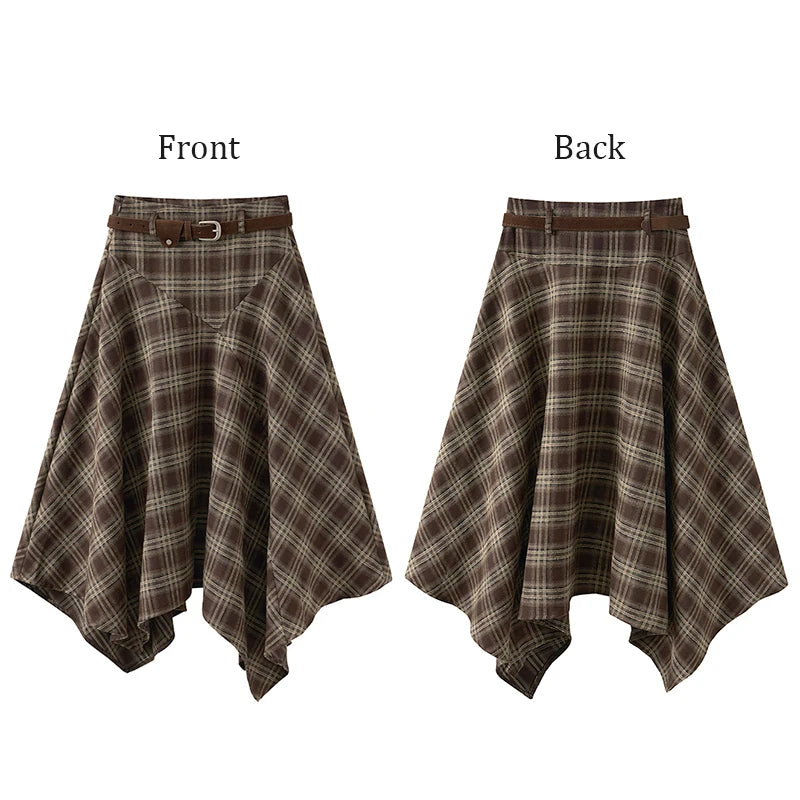 REDDACHiC Off Shoulder T-shirt Skirt Women Set Long Sleeve Top Irregular Ruffle Belted Midi Long Plaid Skirt Alt Vintage Clothes
