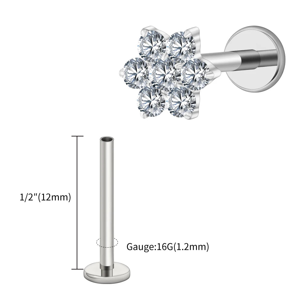 Right Grand ASTM F136 Titanium 16G Tiny Flower CZ Stud Earring Tragus Helix Rook Conch Labret Stud Flat back Cartilage Piercing