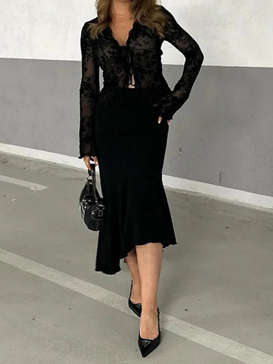 Women's Black V-Neck Flared-Sleeve Top