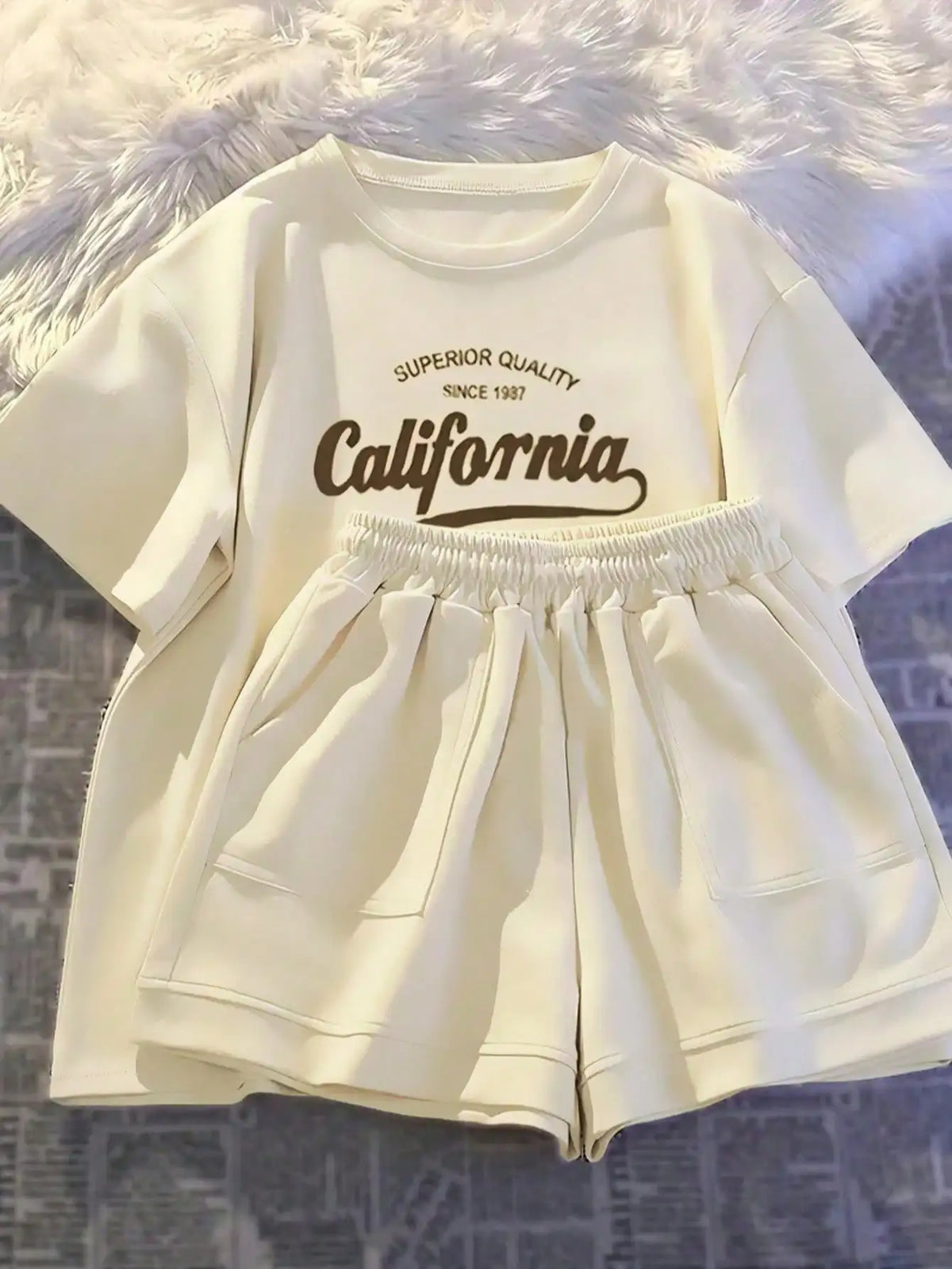 Women's Casual Daily Short-Sleeved Love Printed+Striped Printed Shorts 2-Piece Set with Random Belt Striped Children's Clothing