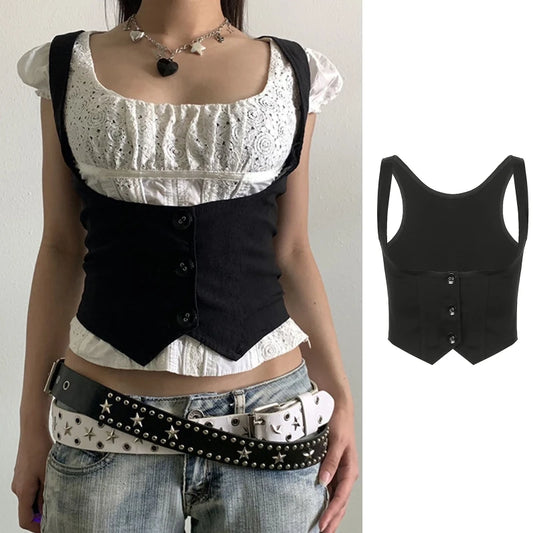 Women Gothic Vintage Dressy Waistcoat Solid Color Black Racerback Mini Vest Tuxedo Suit Steampunk 3 Button Slim Jacket