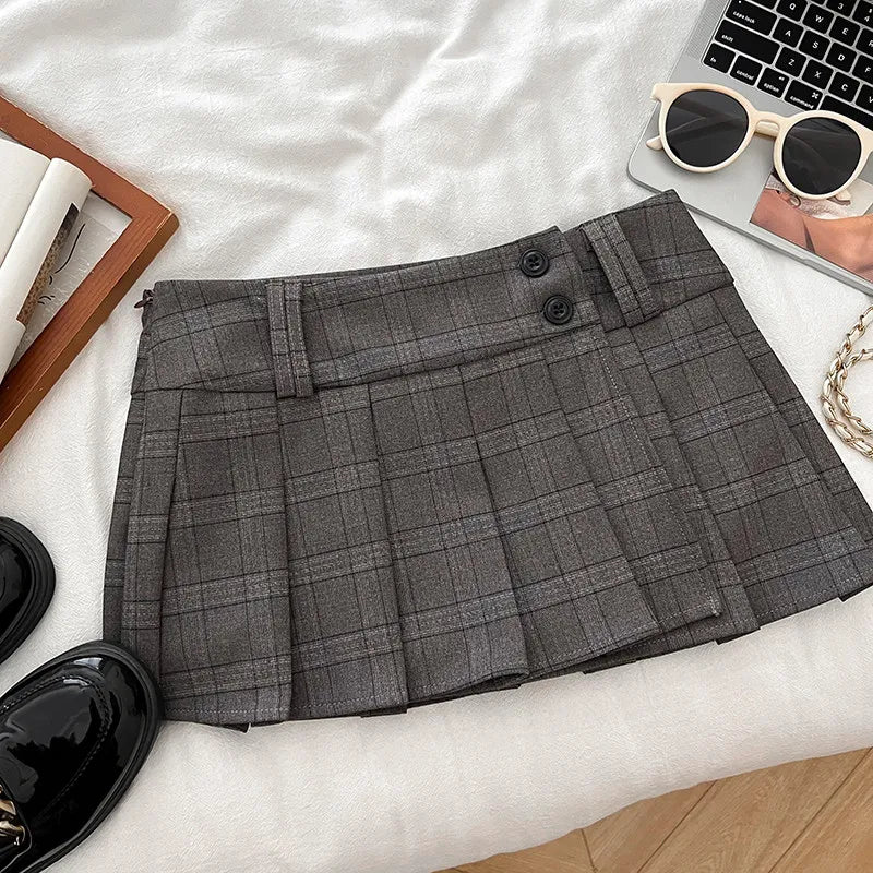 Women Khaki A-line Plaid Pleated Skirt Vintage Fashion Y2K Gyaru Skirt High Waist Preppy Style Retro Midi Skirt for Women Summer