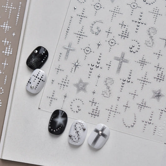 1Pcs Fashion Black White Silver Polka Dot Matrix Diffusion Pentagram Star Starburst Cross-shaped Adhesive DIY Nail Art Stickers
